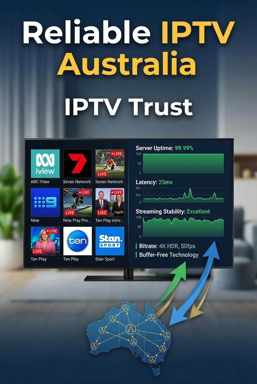 Vertical high-quality image of a smart TV showing IPTV streaming dashboard with bold overlay text “Reliable IPTV Australia” and “IPTV Trust”