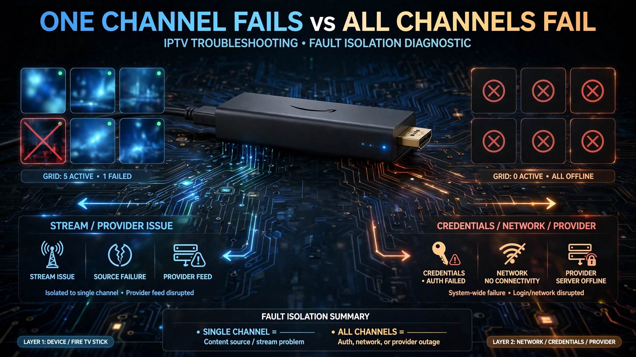 IPTV Firestick troubleshooting diagram comparing one failed channel with all channels failing