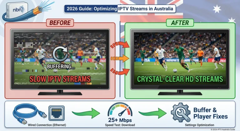 Slow iptv streams fix Australia, showing a comparison of choppy, low-quality video vs smooth HD streaming after applying optimization fixes like Ethernet connection and app buffer settings on an NBN router background for the 2026 guide.
