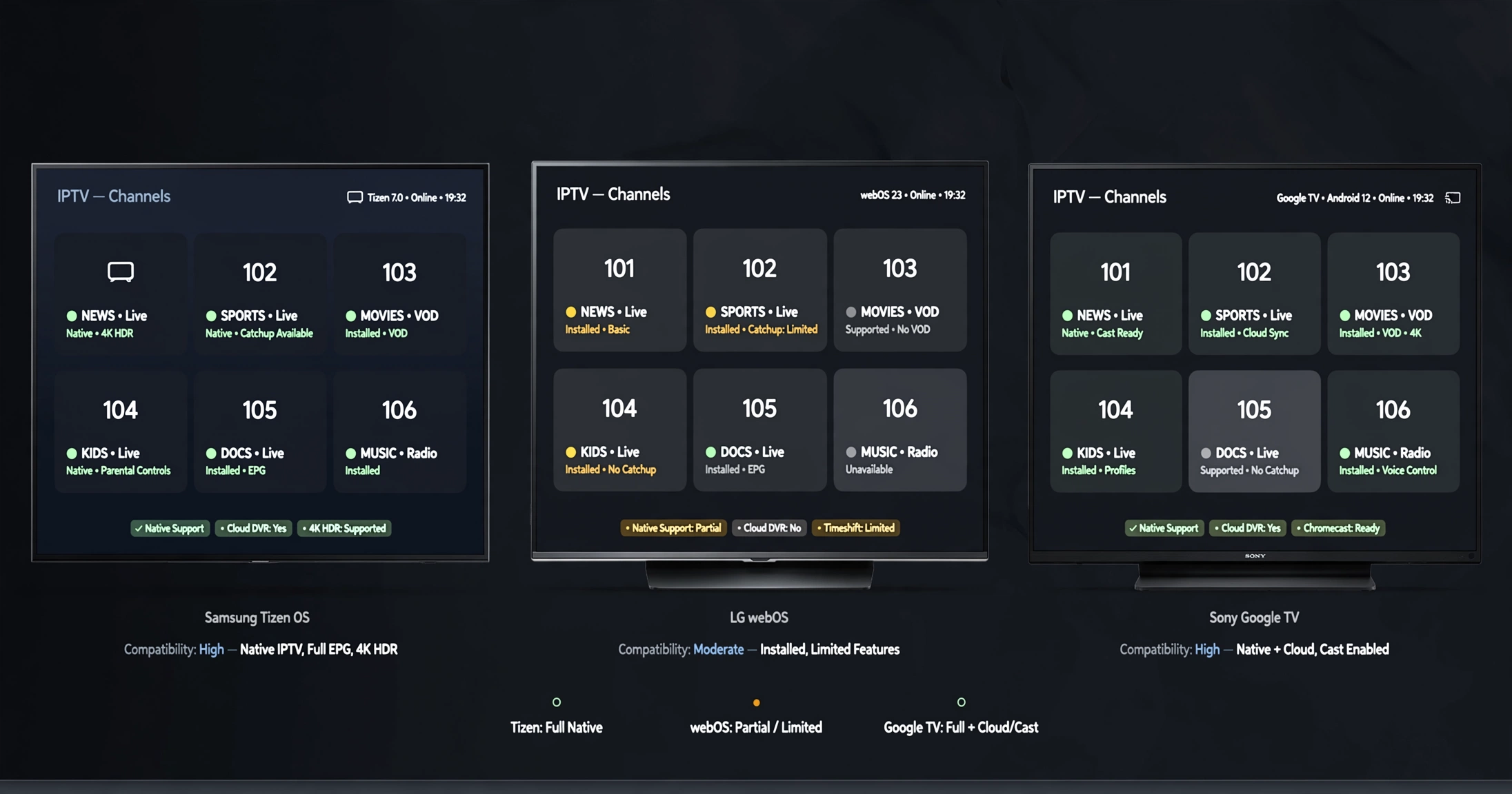 Smart TV IPTV app compatibility across Samsung Tizen LG webOS and Sony Google TV