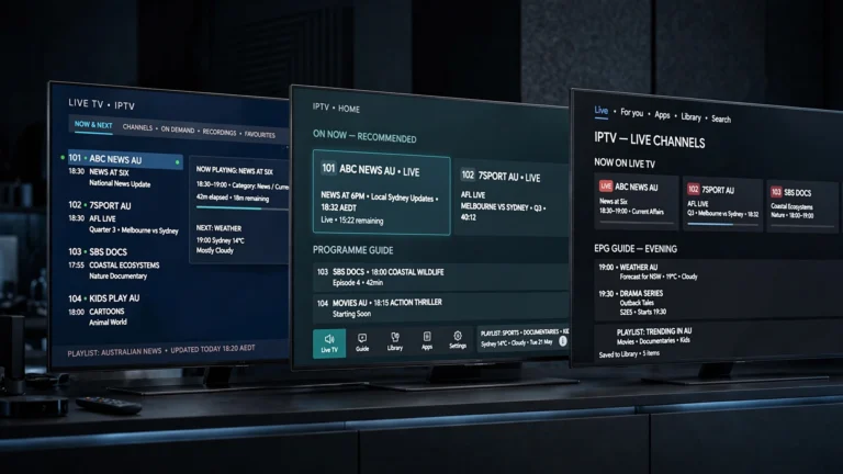 Smart TV IPTV apps compared on Samsung Tizen, LG webOS and Sony Google TV in Australia, 2026