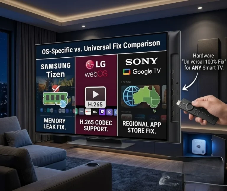 Smart TV IPTV troubleshooting in Australia showing IPTV app crash and black screen fixes on Samsung Tizen, LG webOS, and Sony Google TV with Fire TV Stick HDMI workarounds for the 2026 guide.