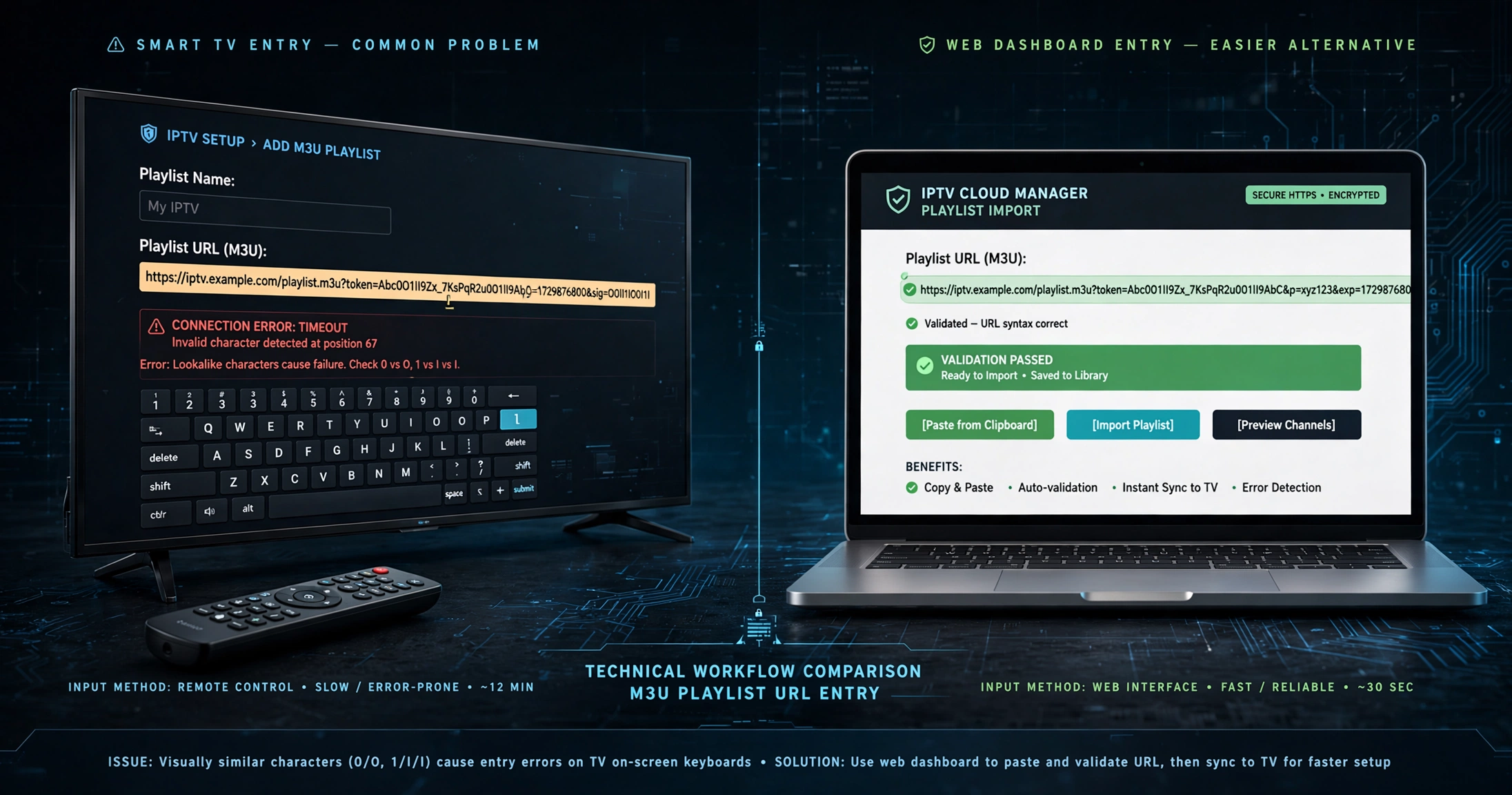 Entering an M3U IPTV playlist URL on a smart TV remote versus a phone or computer