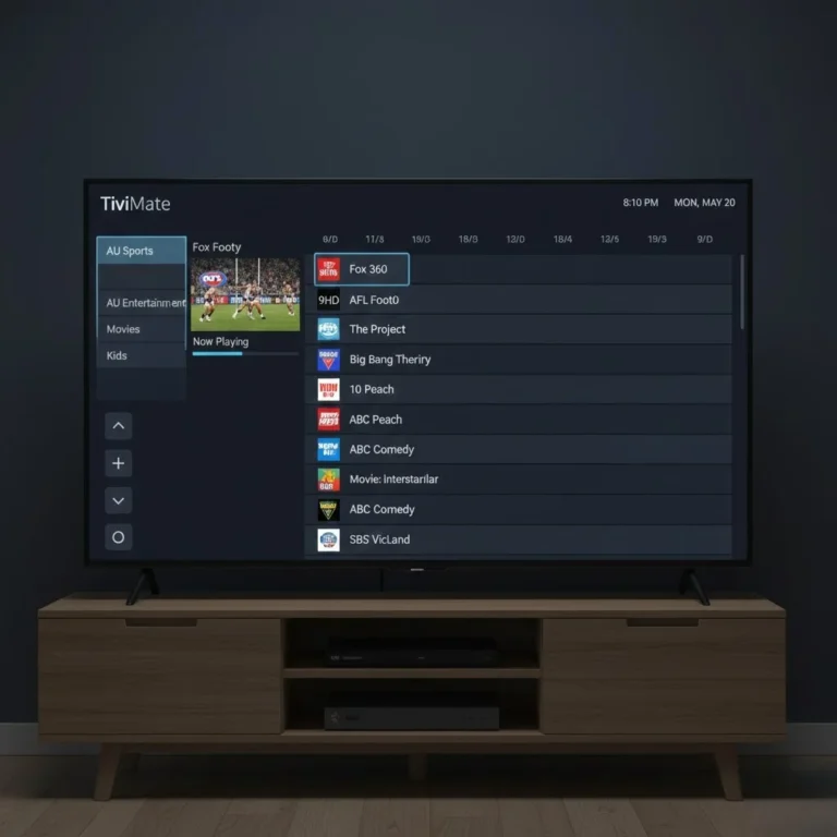 TiviMate IPTV Australia configuration showing EPG guide on a Fire TV Stick in an Australian home
