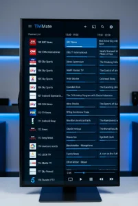 TiviMate IPTV player interface showing live TV channel list and electronic program guide on Android TV streaming device