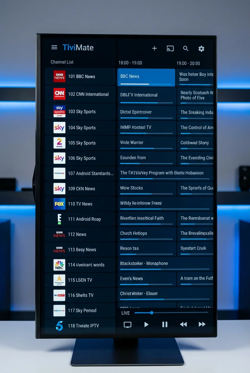 TiviMate IPTV player interface showing live TV channel list and electronic program guide on Android TV streaming device