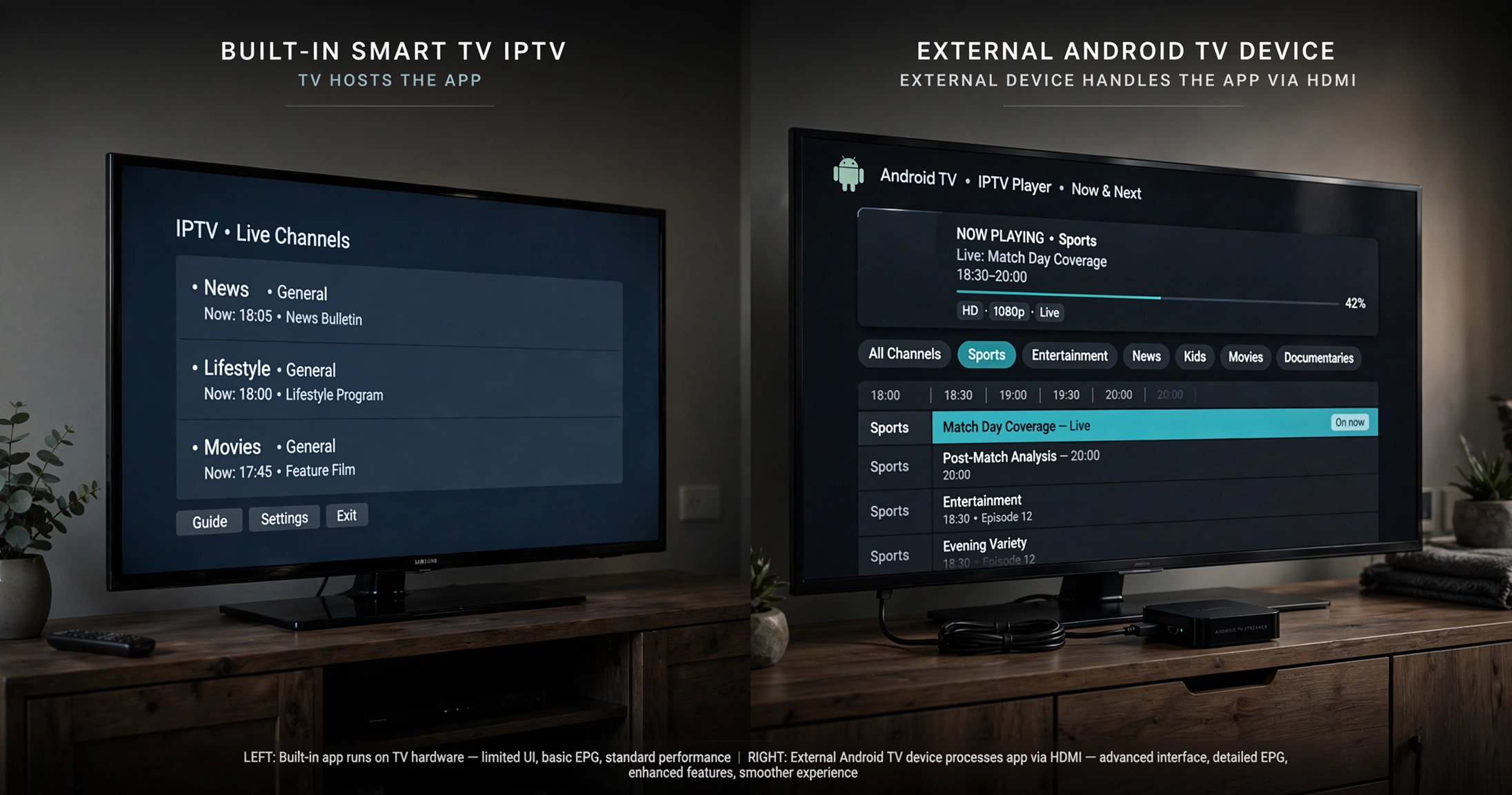 TiviMate on an external Android TV device compared with built-in Samsung and LG IPTV apps