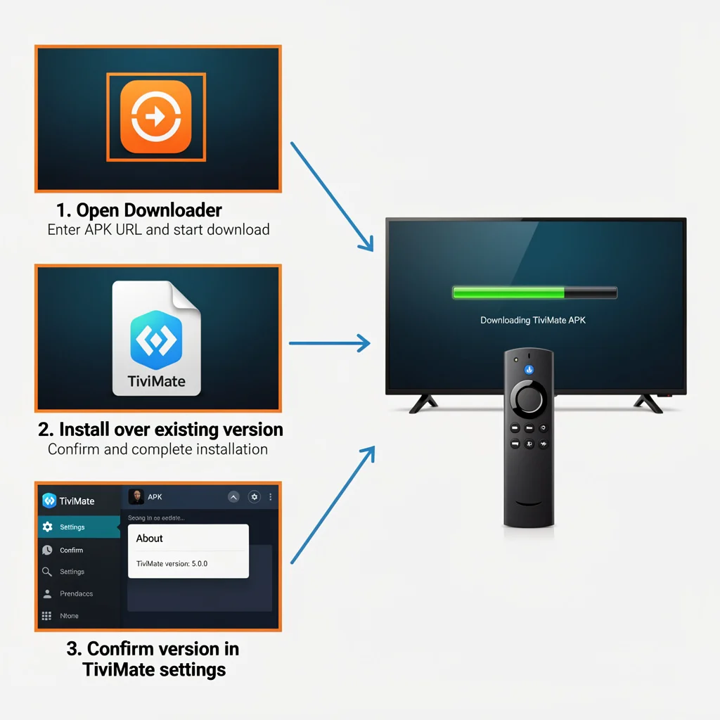 TiviMate update process on Fire TV Stick using Downloader app to install latest APK version
