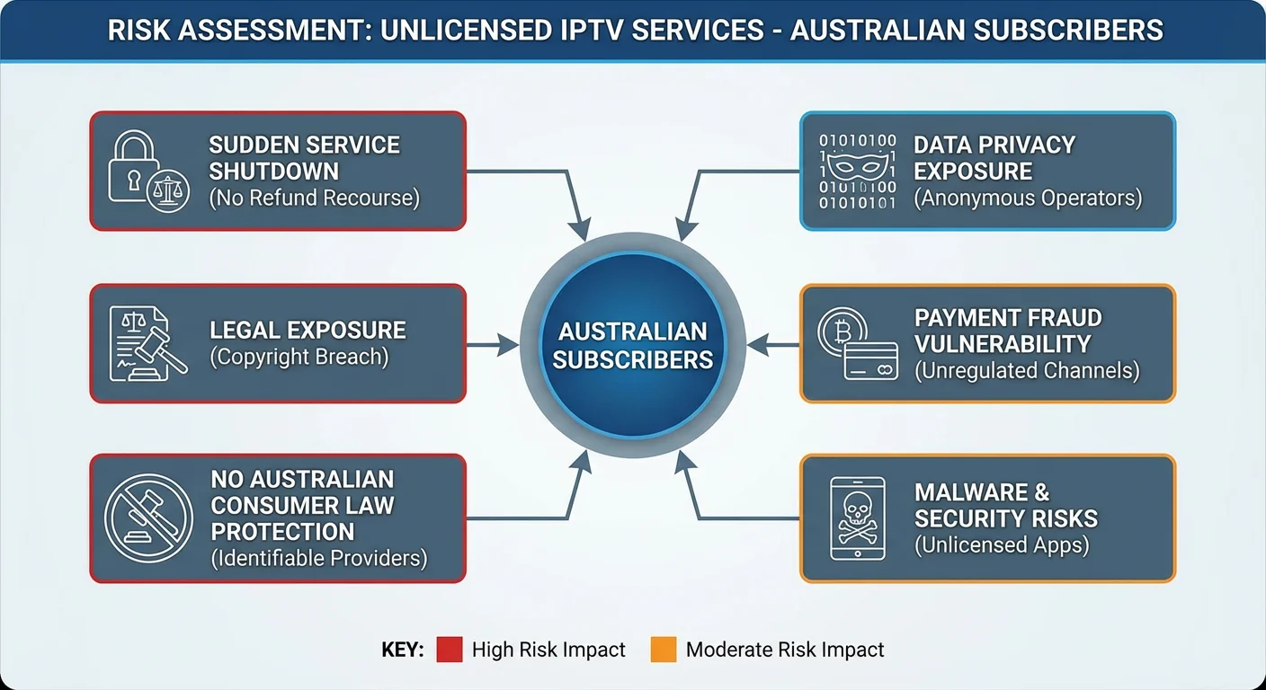 Unlicensed IPTV risks Australia 2026, showing six key risk categories including service shutdown data privacy exposure payment fraud malware security vulnerabilities and zero consumer protection for Australian subscribers