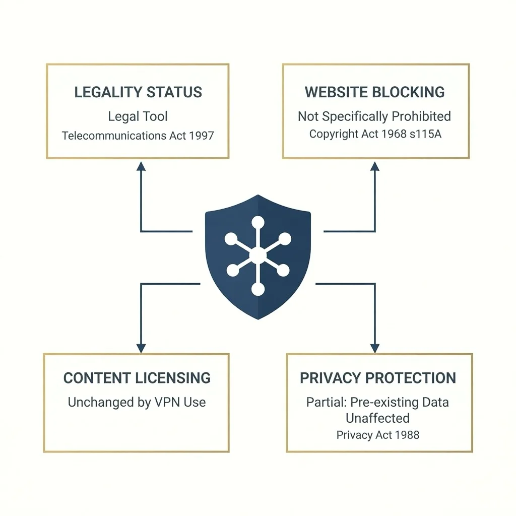 VPN IPTV circumvention Australia legal position 2026 showing that VPN use is not specifically prohibited under Australian law but does not alter IPTV service content licensing status or consumer protection recourse for Australian subscribers