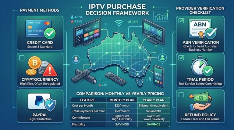 Buy IPTV Australia 2026: a safe purchase guide showing payment methods, provider comparison, and buyer protection framework