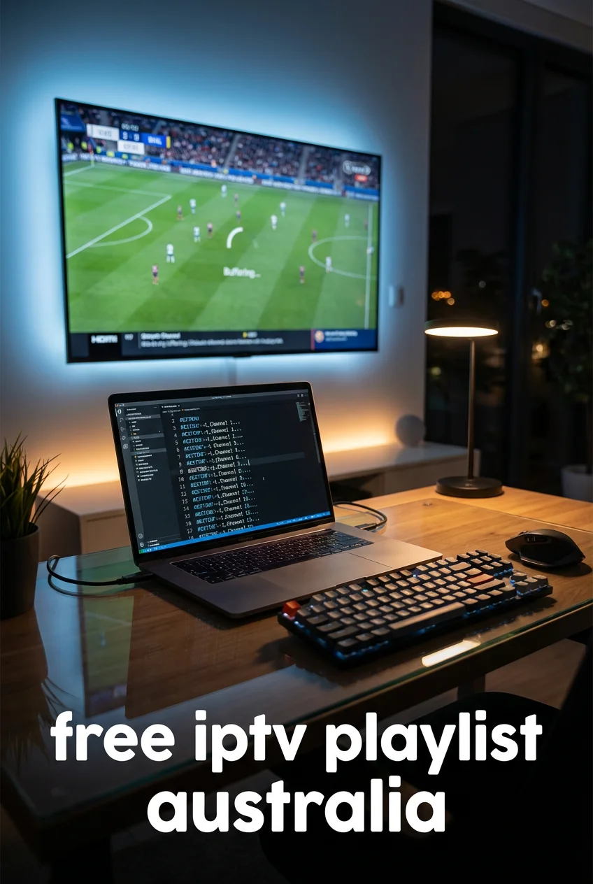 Cinematic scene of a home streaming setup with a laptop showing M3U playlist code connected to a smart TV, representing free iptv playlist australia technology