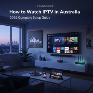 Complete IPTV setup guide showing Smart TV, Fire TV Stick, and mobile devices for Australian viewers 2026