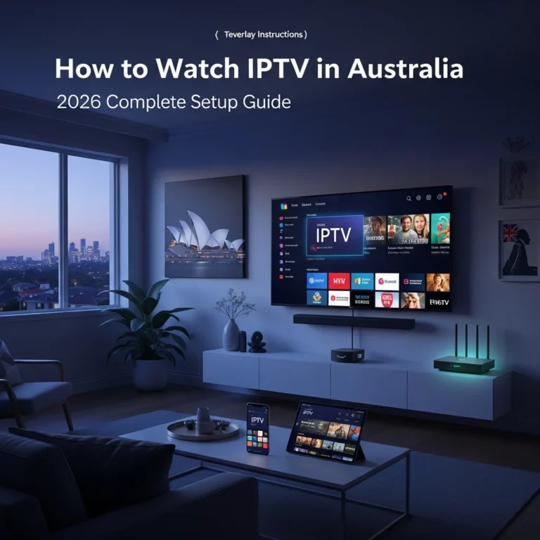 Complete IPTV setup guide showing Smart TV, Fire TV Stick, and mobile devices for Australian viewers 2026