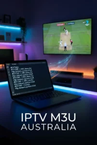 Cinematic view of a smart TV streaming live channels connected to a laptop showing M3U playlist code, representing how IPTV M3U Australia files are parsed into working TV streams