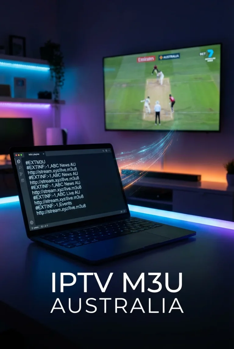 Cinematic view of a smart TV streaming live channels connected to a laptop showing M3U playlist code, representing how IPTV M3U Australia files are parsed into working TV streams