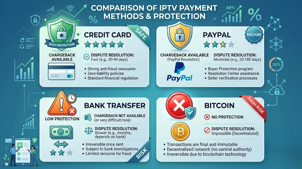 IPTV payment method comparison Australia showing credit card protection vs cryptocurrency risk analysis