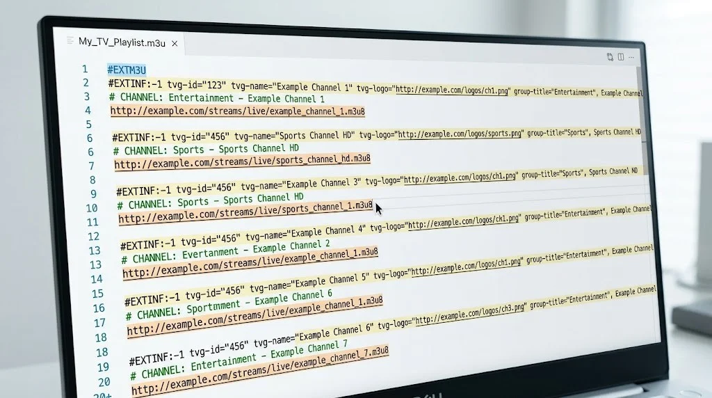 Example of IPTV M3U playlist structure showing channel names and streaming URLs in a text editor
