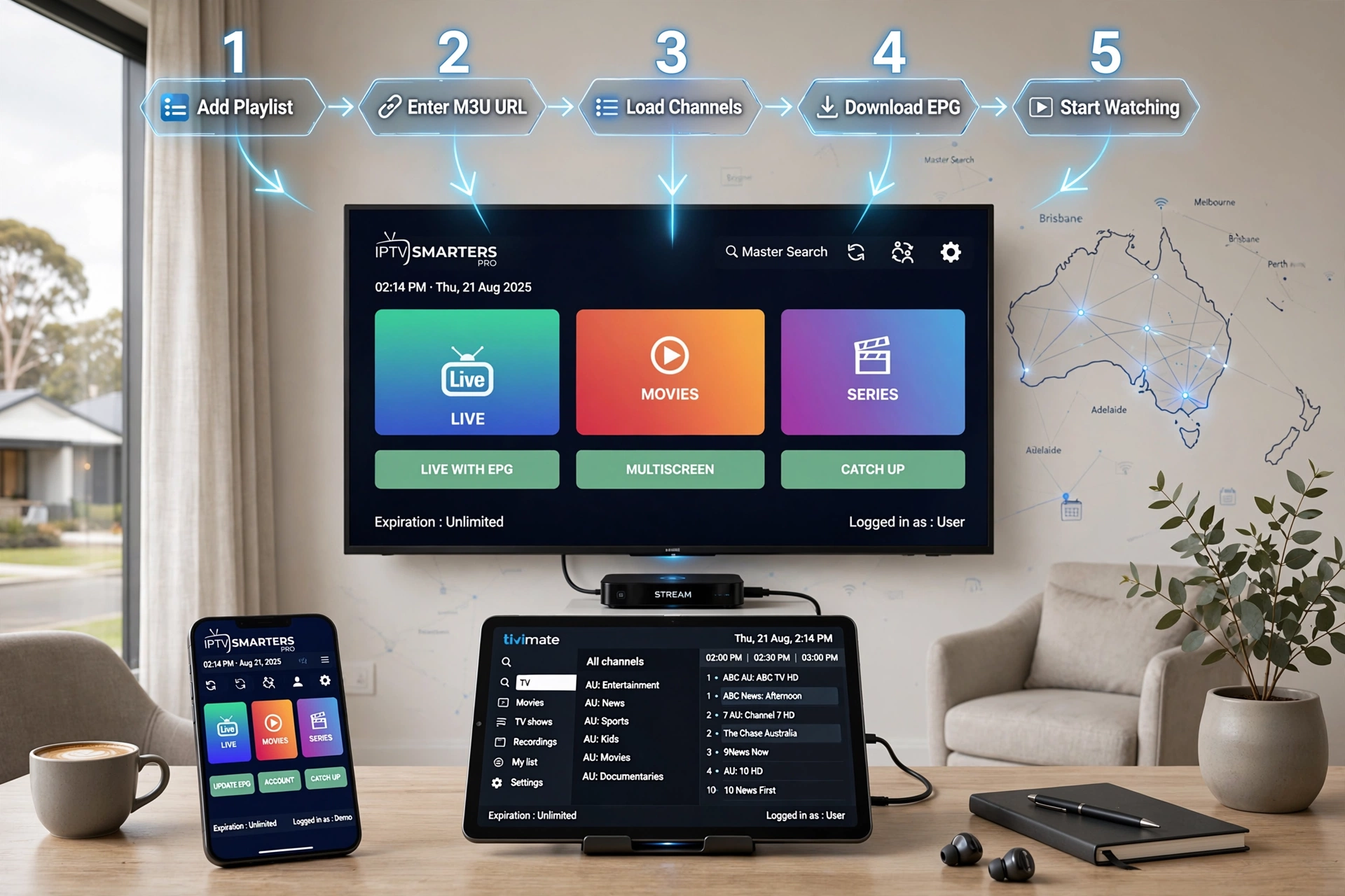 How to set up an M3U playlist using TiviMate and IPTV Smarters in Australia