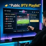 A public IPTV playlist displayed on a smart TV screen with streaming interface and M3U channels list in a cinematic vertical setup