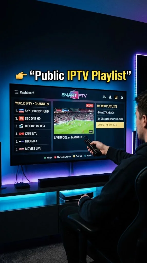 A public IPTV playlist displayed on a smart TV screen with streaming interface and M3U channels list in a cinematic vertical setup