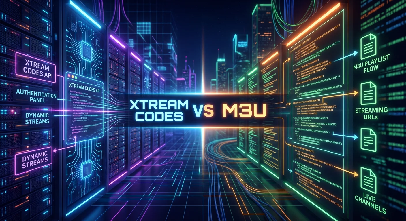 xtream codes vs m3u comparison showing IPTV authentication methods with API system and playlist structure