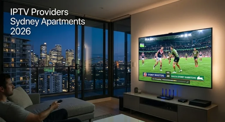 IPTV Providers Sydney Apartments 2026 in a modern high-rise apartment in Sydney with 4K smart TV streaming live sports