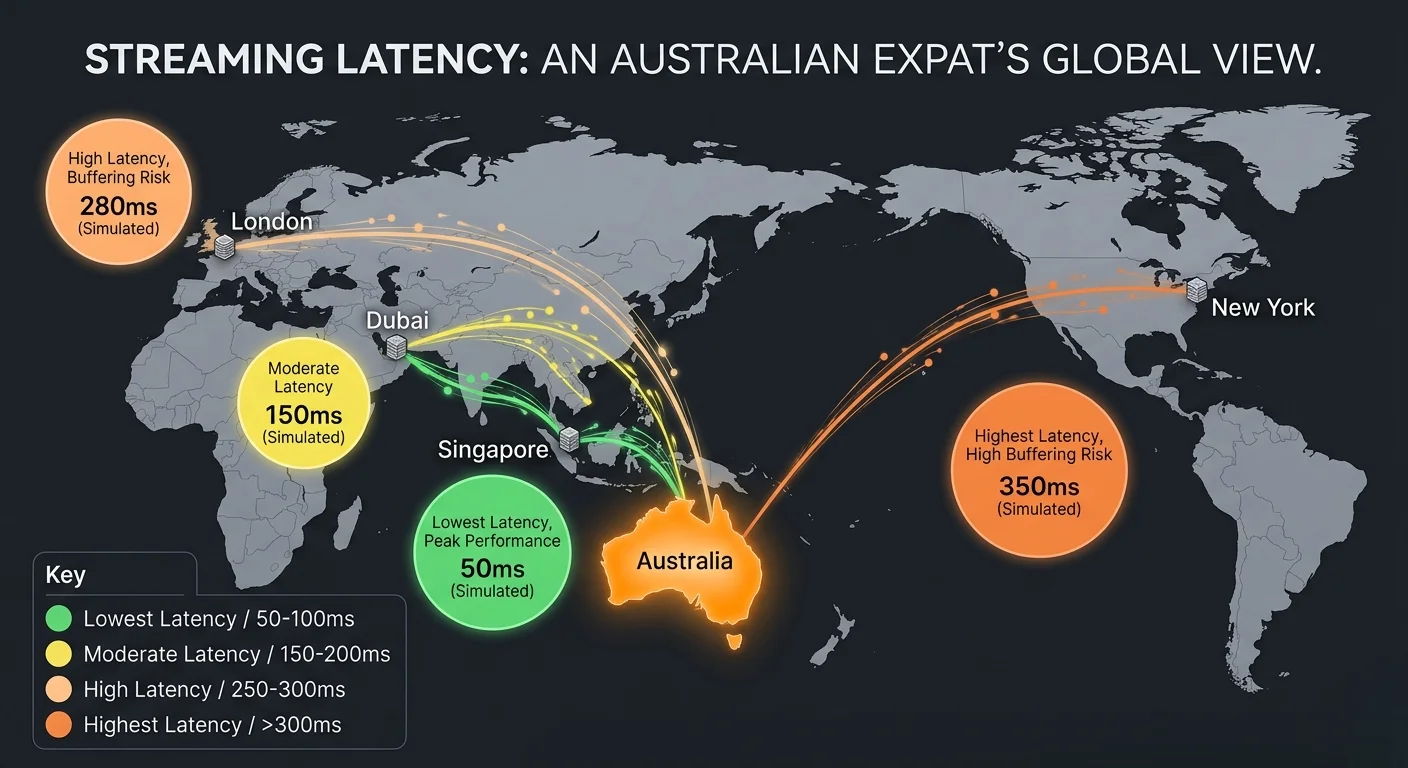 A stylized global map with Australia glowing at the center. Interconnected lines arc from Sydney to key expat hubs (London, New York, Dubai, Singapore). These lines change color: green (low latency) to Singapore; yellow (moderate) to Dubai; and amber/orange (higher) to London and New York. Latency figures (e.g., 50ms, 120ms, 180ms) are labeled on the lines.