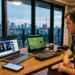 "Watch Australian TV Overseas: an aerial shot of a modern desk setup in an overseas apartment. A person wearing headphones watches an NRL game on a tablet while a laptop streams ABC News 24 live. A passport and smartphone displaying a map sit nearby, illustrating how Australians abroad can stay connected to home entertainment through a reliable internet connection."