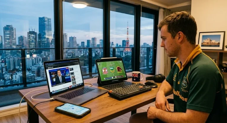"Watch Australian TV Overseas: an aerial shot of a modern desk setup in an overseas apartment. A person wearing headphones watches an NRL game on a tablet while a laptop streams ABC News 24 live. A passport and smartphone displaying a map sit nearby, illustrating how Australians abroad can stay connected to home entertainment through a reliable internet connection."