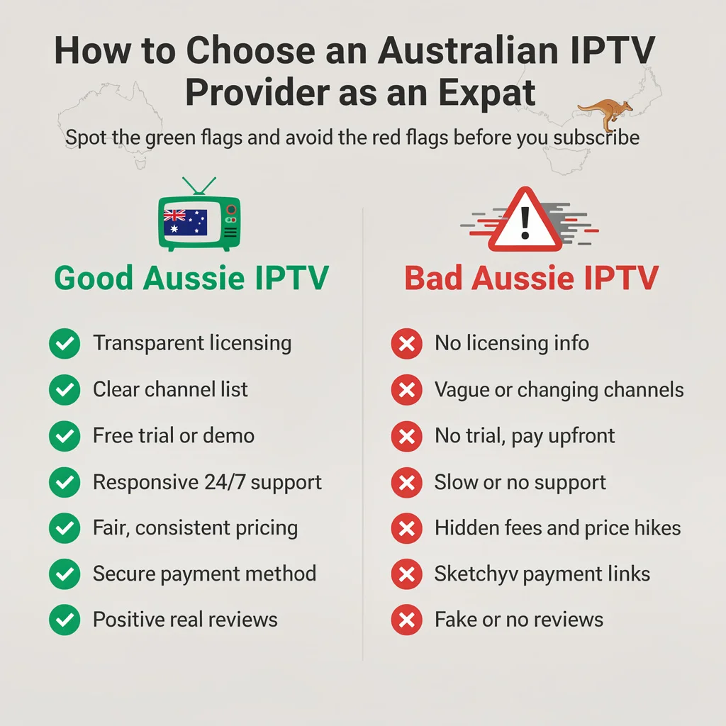 Good IPTV vs bad IPTV comparison for Australian expats showing trusted provider signs and common IPTV red flags.