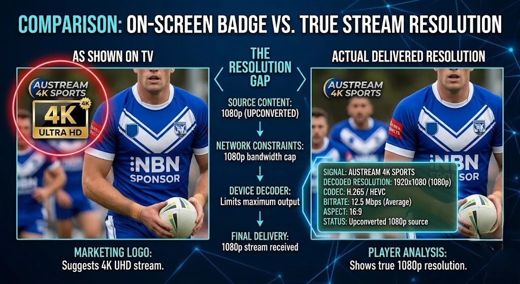On-screen 4K badge during IPTV sports broadcast despite Full HD picture quality