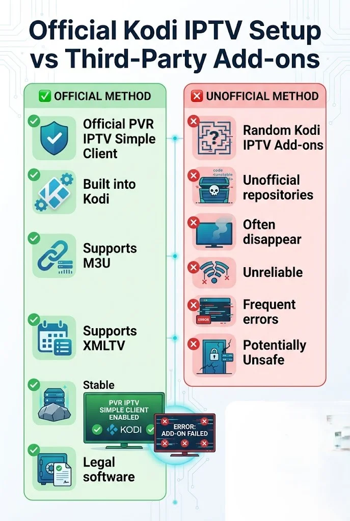 Step-by-step infographic showing how to set up IPTV on Kodi using an M3U playlist