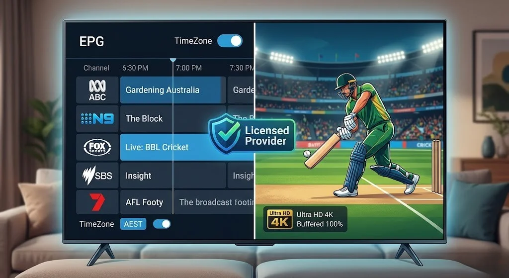 A split-screen illustration on a large smart TV. The left side shows a clean, organized electronic program guide (EPG) listing Australian channels (ABC, Seven, Nine) with correct AEST times. The right side shows a crystal-clear, high-definition stream of a live Australian cricket match. A distinct "Licensed Service" watermark is visible.