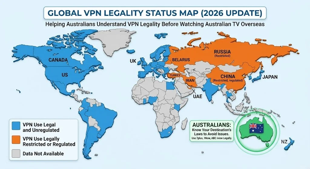 VPN legality by country for Australians watching TV overseas in 2026