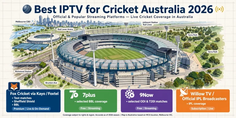 Best IPTV for Cricket Australia 2026 streaming map showing Fox Cricket Kayo 7plus 9Now and IPL options