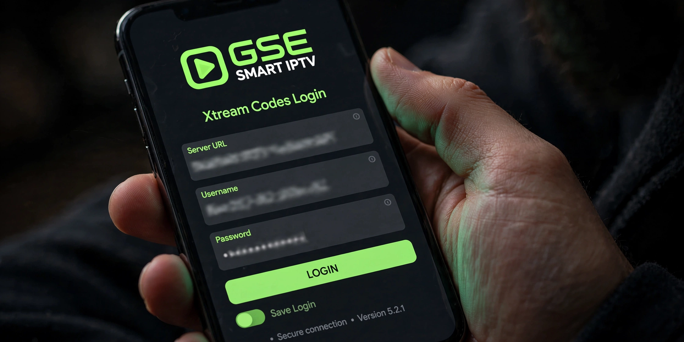GSE Smart IPTV Xtream Codes login screen with blurred placeholder credentials