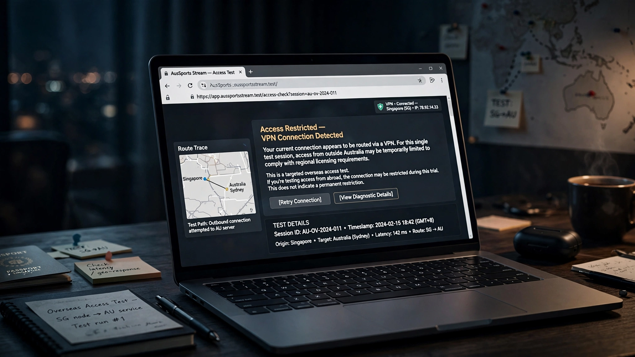 Kayo overseas access test showing a VPN-related blocking message