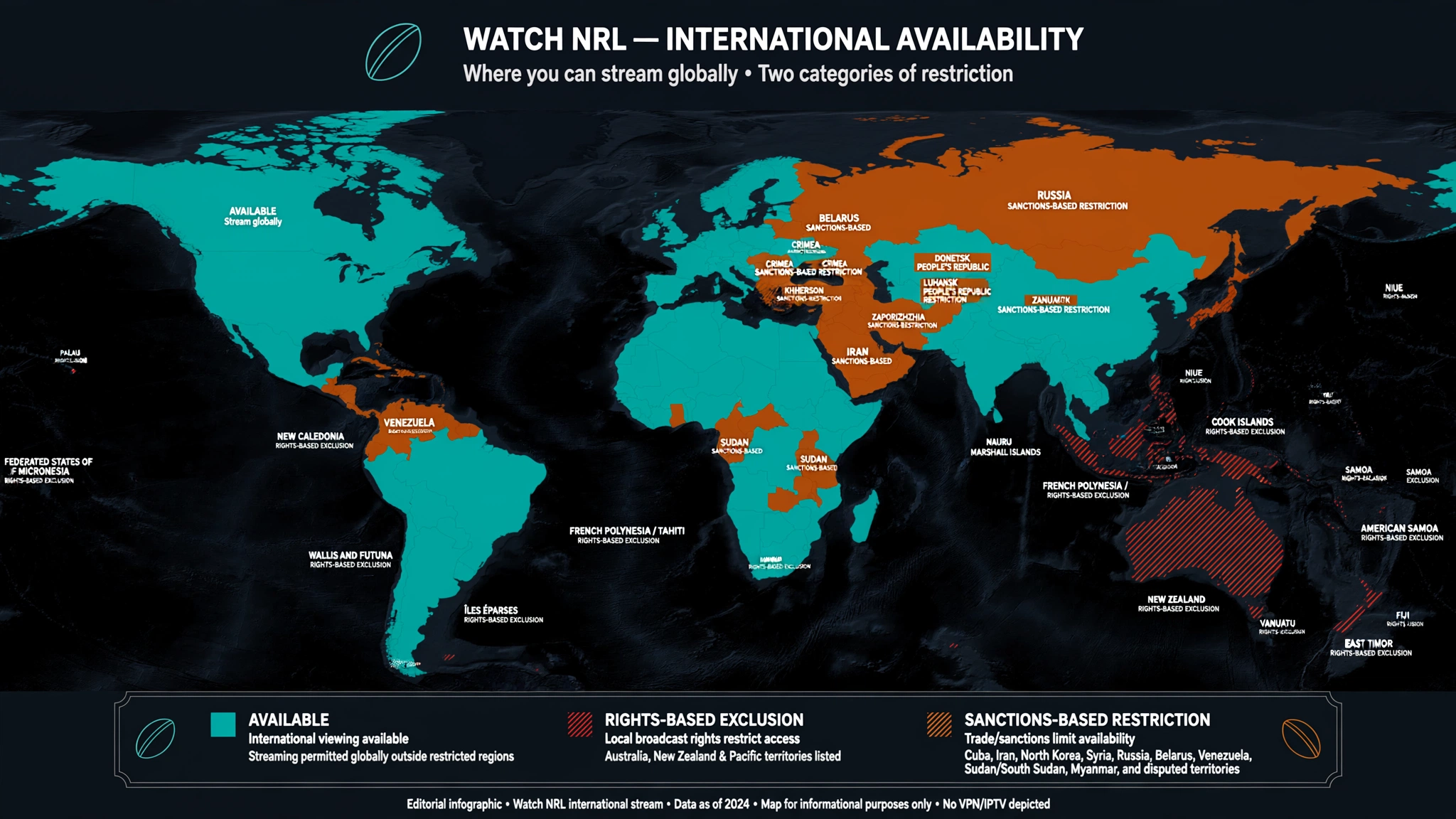 Watch NRL overseas availability map showing excluded Australian, New Zealand and Pacific territories